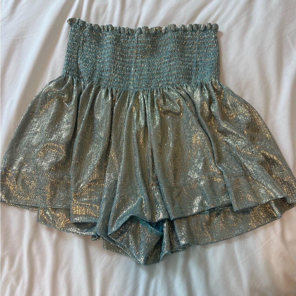 Metallic Blue Women's Shorts, red shorts, and orange skirt